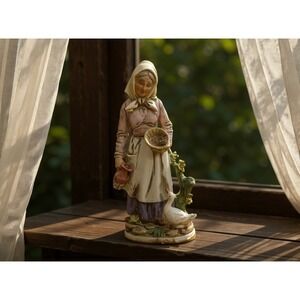 Vintage Old Woman Grandma Figurine with Duck and Basket. Haunted doll‎ Mary